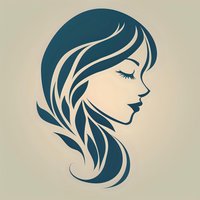 Elegant female profile silhouette with flowing hair in teal blue color on beige background, isolated design element for beauty and fashion projects.