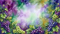 Watercolor grape vines frame with purple and green clusters, leaves creating decorative border on colorful background for wine, harvest themes.