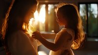 Two young girls with long hair facing each other in warm golden sunlight streaming through windows, sharing an intimate moment of connection and bonding indoors.