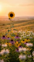 Tall sunflower rises above a colorful wildflower meadow at golden sunset, with purple coneflowers and rolling hills in warm light.