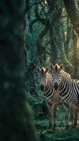 Two zebras standing together in enchanted forest with dramatic lighting and ancient trees creating mystical wildlife scene for nature photography.