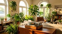 Cozy living room filled with lush green houseplants creating natural indoor garden atmosphere with warm sunlight streaming through arched windows.
