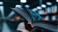 Open book with glowing pages in dark environment creates magical atmosphere, pages flipping with mysterious mathematical formulas and equations visible in soft blue light.