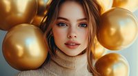 Young Caucasian woman in beige turtleneck sweater against golden balloon background, natural makeup, blue eyes, and brown hair looking at camera with soft expression.