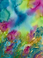 Vibrant watercolor background with gold floral outlines and mandala details on a colorful rainbow wash of teal, pink, and green hues.