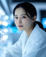 Young Asian female medical professional in white coat looking thoughtfully aside against blurred laboratory background with blue bokeh lights and scientific equipment.