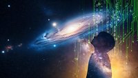 Human silhouette gazing at spiral galaxy with digital matrix code overlay representing artificial intelligence and cosmic data analysis in space.