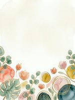 Soft watercolor floral border with pastel blooms, eucalyptus, monstera leaves, and gold geometric accents on cream background for cards.