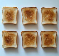 Six golden brown toasted bread slices arranged in rows on white background, ready for breakfast meal preparation and cooking concepts.
