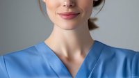 Smiling healthcare professional in blue medical scrubs against neutral gray background, portraying confidence and approachability in clinical setting.