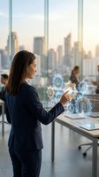 Professional businesswoman interacting with holographic digital interface icons in modern office with city skyline view for technology presentations.