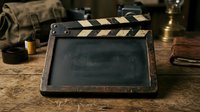 Vintage film clapperboard with worn black and white stripes on rustic wooden surface surrounded by filmmaking equipment and production tools.