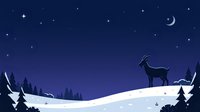 Silhouette of a goat standing on snowy mountain landscape at night with crescent moon, stars, and evergreen forest trees. Winter scene.
