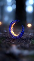 Glowing blue crescent moon sculpture on forest floor with magical bokeh lights in background, creating mystical atmosphere for fantasy and spiritual designs.