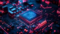 Glowing microprocessor on circuit board with red and blue neon lighting effects, modern computer technology concept for digital transformation and AI computing.