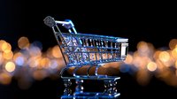 Empty shopping cart on dark background with golden bokeh lights creating magical atmosphere for retail and commerce concepts.