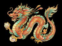 Asian dragon with ornate red, gold, and turquoise scales, flowing mane, and traditional decorative details isolated on transparent background. Ready for t-shirts, stickers, clipart, and print-on-demand designs.