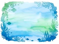 Watercolor underwater ocean scene with coral reef frame in blue and green tones. Marine aquatic background with sea plants and fish silhouettes for design projects.