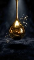 Golden oil drop falling with bubbles on dark textured surface. Luxury liquid motion concept for cosmetics, skincare and premium product advertising.