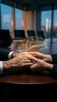Business partnership handshake with glowing financial data hologram in modern office boardroom representing collaboration and digital innovation.