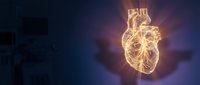 Glowing human heart anatomy with golden light rays on dark blue medical background, cardiology and healthcare concept.