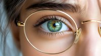 Close up macro shot of bright green eye with long eyelashes viewed through round gold-rimmed glasses against soft skin tone background. For beauty, optical and vision concepts.