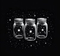 Mason jars with stars and sparkles on black background, magical night sky captured in glass containers, mystical celestial illustration for decorative art.