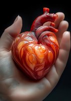 Glowing anatomical heart held in palm against dark background, featuring intricate red vessel patterns and warm orange illumination from within. Medical concept.