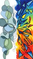 Abstract artistic composition with geometric shapes and organic circles in vibrant colors transitioning from cool blues to warm oranges and yellows.