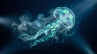 Glowing bioluminescent jellyfish drifting in deep dark ocean water, emitting ethereal teal and green light with flowing translucent tentacles.