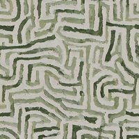 Abstract geometric maze pattern in olive green and beige tones creates seamless repeating background with organic labyrinth lines and textured brushstroke effect.