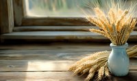Golden wheat ears in light blue ceramic vase on rustic wooden table near window. Natural sunlight creates warm atmospheric mood, perfect for harvest season designs.