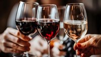 Young adults toasting with red and white wine glasses in celebration, perfect for hospitality, dining, and lifestyle marketing campaigns.