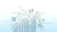 Business growth chart with upward arrow trend surrounded by commerce icons including shopping cart, lightbulb, megaphone and dollar signs on clean background.