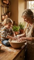 Grandmother and grandson kneading dough together in rustic kitchen, family bonding through traditional baking activities in warm homey atmosphere.