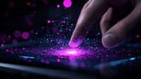 Finger touching glowing digital screen with magical purple and blue light particles creating luminous burst effect on dark background for technology concept.