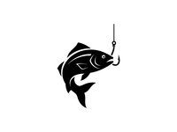Black silhouette of fish jumping out of water catching hook on fishing line isolated on white background for angling and sport fishing designs.