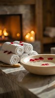 Luxury spa setting with rolled white towels and rose petals in bowl near warm fireplace creating romantic wellness atmosphere for relaxation and self-care.