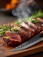 Sliced medium rare beef steak with rosemary garnish on wooden cutting board, steam rising from juicy meat.