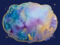 Watercolor galaxy frame with golden ornate border and stars on dark blue background. Cosmic nebula colors blend purple, blue and yellow tones.
