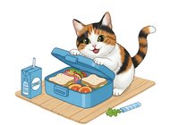 Tabby and white cat with open mouth sitting next to blue lunch box containing sandwich and fruit on wooden surface with juice box and parsley, isolated on white background for design use.