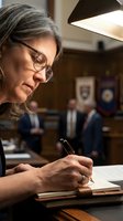 Mature professional woman with glasses writing documents at wooden desk in corporate office environment with colleagues in background.