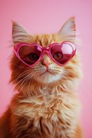 Adorable orange tabby cat wearing pink heart-shaped sunglasses on pastel pink background for trendy pet fashion and social media content.