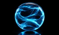 Glowing blue sphere with dynamic wave patterns and wireframe structure floating in dark space, creating futuristic energy visualization with reflection effect.