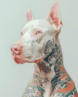 White dog with pink ears and nose, covered in colorful tattoos on body and neck, isolated against neutral background. Suitable for pet, alternative lifestyle, and artistic design projects.