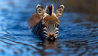 Close up portrait of zebra drinking water in blue river, showing detailed stripes and reflection. Wildlife photography capturing African savanna animal.