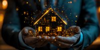 Magical glowing house miniature held in hands with sparkling golden lights against dark blue background, creating cozy winter atmosphere and holiday spirit.