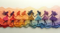 Dancing female silhouettes in rainbow colored dresses create flowing movement across layered paper art design. Feminine figures hold hands in graceful choreography against sunset waves.