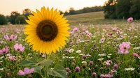 Single bright sunflower blooming in wildflower meadow with pink cosmos flowers during golden hour sunset creating peaceful natural landscape scene.