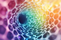 Colorful abstract tunnel made of hexagonal cells in rainbow spectrum colors, creating depth perspective with blurred bokeh effect and bright light glow.